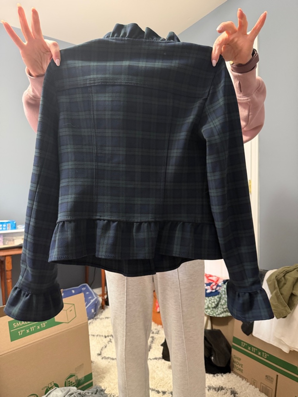 Banana Republic Dark Green & Navy Plaid Ruffle-Hem Blazer - Picture 3 of 3